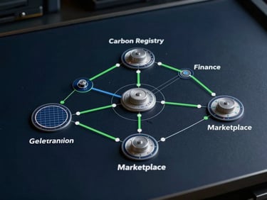 Overhead schematic diagram of a three-node energy infrastructure network on a dark navy surface, precise vector-style flow lines connecting labeled system nodes—solar generation, storage, carbon registry, finance, marketplace—clean technical linework with green accent highlights on connection paths, controlled studio lighting, no people, no text overlays