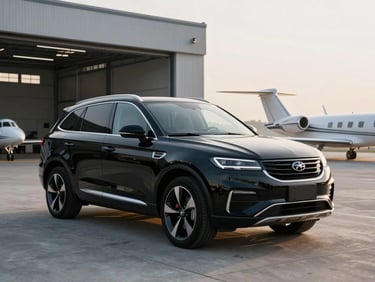 A pristine black executive SUV parked on a clean concrete tarmac in front of a private aviation hangar, cool morning light.