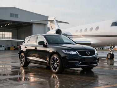 A pristine black executive SUV parked on the tarmac next to a private jet hangar, cool morning light reflecting off the wet ground, clean mid-century aviation architecture in the background.