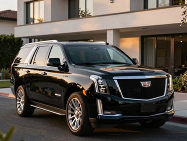 A polished, late-model black Cadillac Escalade parked in front of a modern Beverly Hills estate, dramatic golden hour reflections on the pristine paint
