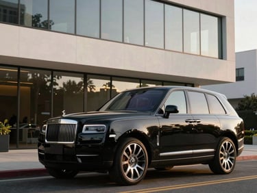 Immaculate black luxury SUV parked in front of a modern minimalist office building in Beverly Hills, sharp golden hour lighting.