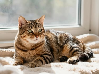 A sweet tabby cat lounging on a soft cream blanket near a window, peaceful and content, warm daylight