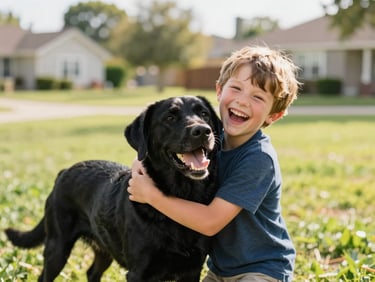 A young boy laughing and hugging a happy black labrador retriever in a sun-drenched suburban park, warm editorial photography.