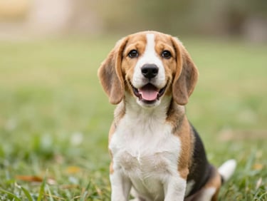 A happy beagle puppy sitting proudly in an outdoor setting, looking alert and cheerful, soft natural light