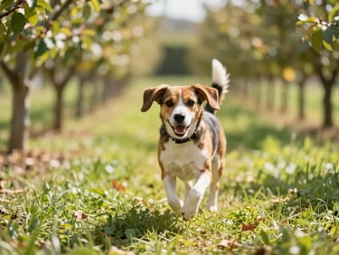 A happy beagle mix running joyfully across a sunny green orchard, warm editorial photography, bright daylight, shallow depth of field.