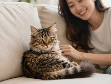 A fluffy tabby cat curled up contentedly on a soft cream-colored sofa next to a smiling woman, warm natural light, shallow depth of field.