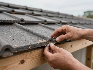 Close-up panoramic view of hands fitting a canal roof tile onto a timber batten, overcast natural daylight, tile texture and mortar joint sharp in focus, surrounding roofline visible in soft background