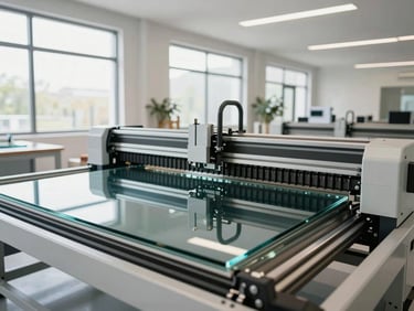 A clean, modern glass manufacturing facility showing a high-tech automated cutting machine preparing a tempered glass sheet.
