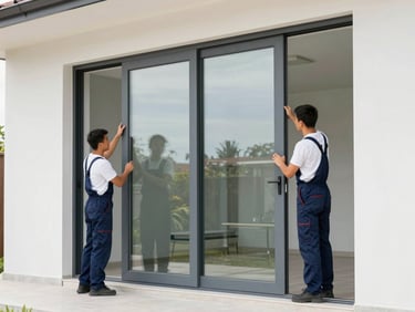 Two professional glaziers in clean uniforms carefully installing a large double-glazed glass panel into a modern home's sliding door frame.