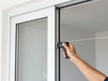 A close-up of a glazier using a digital laser measuring tool against a clean double-glazed sliding glass door frame.