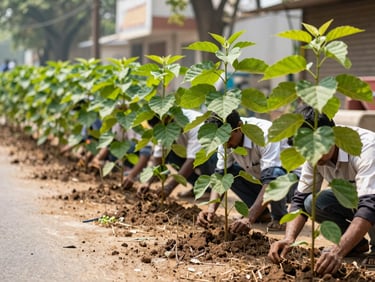 Candid photo of volunteers planting saplings along a street in Indore, rich green leaves, bright daylight
