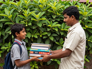 Candid photo of a volunteer handing school supplies to a child in Indore, natural Indian daylight, organic greens, warm tones