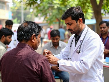 Candid documentary photo of a local medical checkup camp in Indore, a doctor checking a patient's vitals under bright natural light, warm compassionate atmosphere