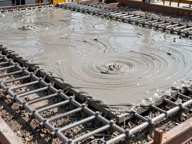 Draufsicht auf eine massive Fundamentplatte während einer Großbetonage, fließender Beton bedeckt dichte Stahlgitter, kontrastreiches Mittagslicht