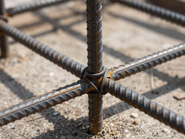 Extreme close-up of an ironflechter tying steel rebar intersections with wire on an active construction site, high-contrast daylight, sharp geometric shadows.