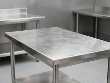 empty commercial kitchen stainless steel worktable, clean minimalist lines, architectural precision, 50mm