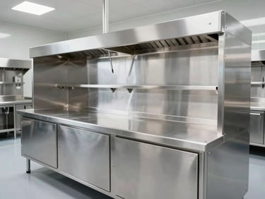 Wide-angle crisp industrial shot of a sterile hospital kitchen facility, heavy-gauge brushed stainless steel preparation units, clean architectural lines, bright metallic reflections, 50mm