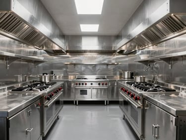 Symmetrical architectural wide shot of an empty commercial hotel kitchen, pristine laser-welded stainless steel countertops, heavy-duty cooktops, cool metallic lighting, high contrast, 50mm