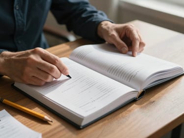 Close-up of hands turning pages of a printed investment ledger on a wooden desk, natural afternoon window light casting soft shadows, a pencil resting beside handwritten margin notes, documentary framing