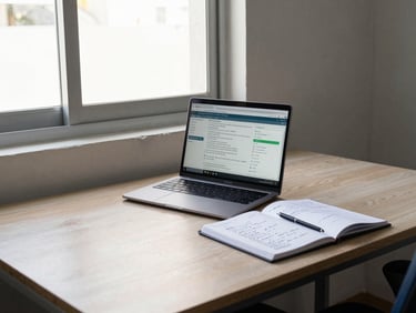Wide shot of a modest Ipatinga office desk with an open laptop showing a traffic analytics dashboard, notebook with handwritten campaign notes beside it, north-facing window light, no people, documentary stillness