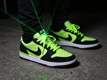 Close up of custom neon-accented sneakers on a concrete floor, dark moody lighting, high contrast, green laser reflections