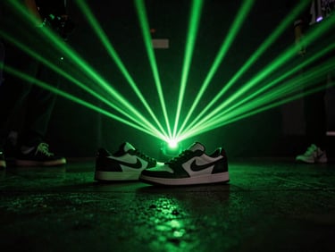 Close-up of limited edition sneakers on concrete floor, dramatic green laser lighting, high contrast, dark atmosphere