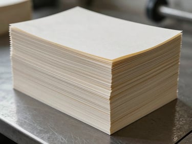 Stack of laminated paper sheets cut to snack-size format arranged by thickness on a steel surface, industrial tungsten light raking across edges showing material density and uniform cut finish