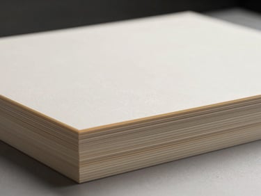 Close-up product photography of laminated paper sheets stacked flat on a studio surface, studio strobe lighting revealing precise print registration and defect-free surface, edge detail sharp against neutral background