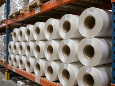 Organized warehouse shelving with labeled laminated paper rolls stacked by specification, industrial tungsten overhead light, sharp focus on roll labels and edge finish, wide environmental shot showing depth and capacity