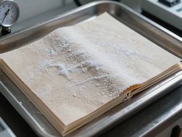 Frost-covered laminated paper samples arranged on a cold metal tray inside a temperature test environment, thermometer visible at left edge, studio strobe revealing surface texture and ice condensation on seal