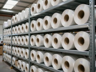 Organized warehouse shelving with labeled laminated paper rolls sorted by dimension specification, wide shot showing depth and capacity, north-facing daylight from skylights above, steel shelving in foreground sharp