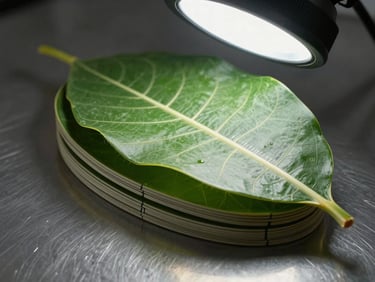 Close-up of folha cortada product stack with printed registration marks visible on edge, studio strobe from above highlighting surface flatness and cut precision, steel surface underneath