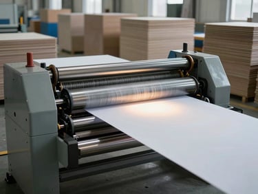 Wide factory floor shot showing paper cutting machinery in operation, industrial tungsten light catching material mid-feed through rollers, organized stacks of finished product visible in background, no workers present