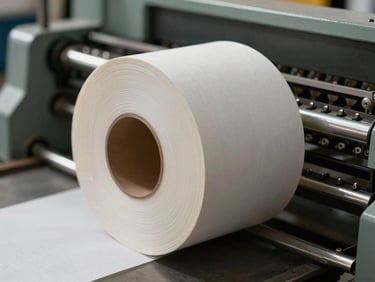 Close-up of laminated paper roll cross-section on industrial cutter, angled north-facing daylight revealing material layers and seal edge quality, paper texture sharp in foreground, machinery blurred behind