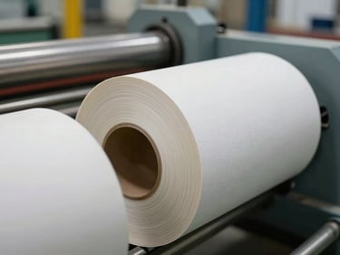 Macro shot of laminated paper roll cross-section on factory floor, roller machinery visible in background out of focus, sharp foreground showing layer bonding and material thickness under tungsten light