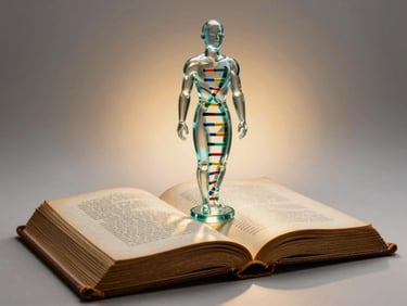 A high-contrast, clean studio shot of an open, ancient leather-bound book paired with a modern transparent glass model of human DNA. Luminous teal and warm gold backlighting casts soft reflections, suggesting a synthesis of science and wisdom.