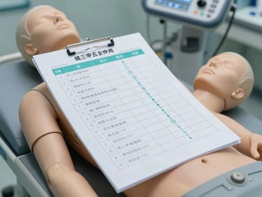 A clean, high-contrast medical simulation lab, a structured nursing checklist overlaying a patient simulator mannequin, soft teal highlights on active clinical pathways.