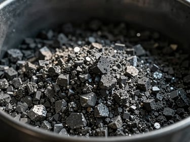 Macro shot of crystalline chemical compounds in an industrial container, harsh natural light, deep steel tones, high contrast, 35mm