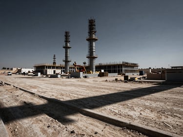 Wide-angle environmental shot of active GCC infrastructure construction site, dramatic industrial shadows, harsh midday sun, 35mm.