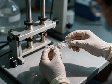Close-up of industrial raw chemical testing equipment, hands in protective gear holding a glass vial of mineral powder under high-contrast daylight, 35mm.