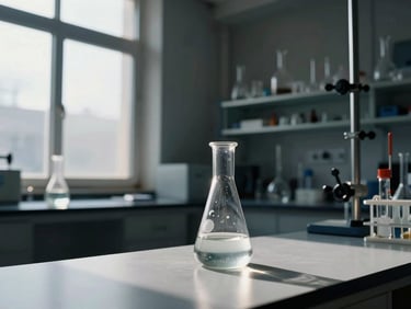 Industrial chemical testing laboratory close-up, liquid sample under dramatic natural window light