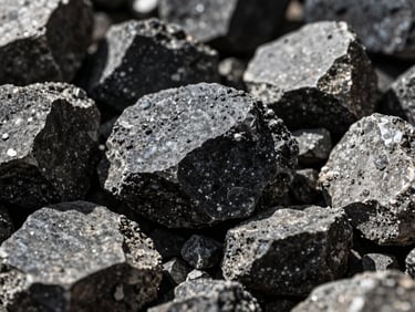 Macro shot of raw industrial minerals, high-contrast natural daylight, dramatic shadows, sharp textures