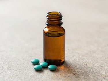 An amber glass bottle of homeopathic tablets on a textured stone surface, soft warm morning light, premium feel