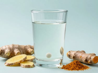 A glass of water with a homeopathic pellet dissolving, surrounded by fresh ginger and turmeric, clean clinical setting, soft studio lighting.