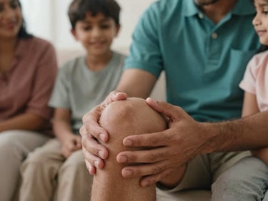 Close-up of a hand gently holding a knee, illustrating joint pain relief, in a warm home environment, soft natural daylight, diverse Indian family.