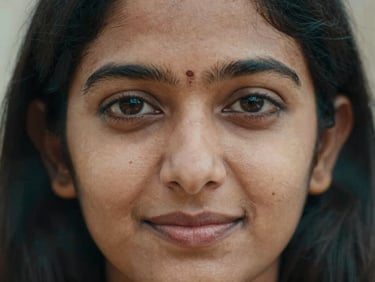 Close-up of a diverse Indian woman's face, clear and healthy skin, soft natural daylight, gentle expression.