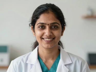 Close-up portrait of a female Indian homeopathic doctor, clean clinical background, soft daylight, reassuring smile.