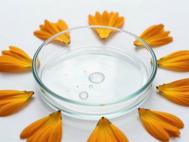 A clean clinical glass dish with clear droplets, surrounded by soft calendula petals, bright diffused studio lighting