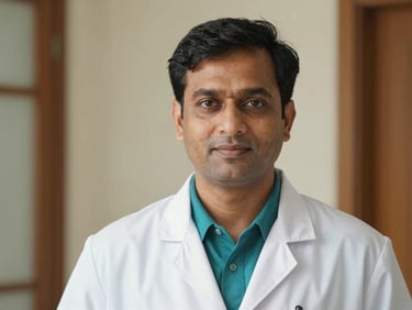 Close-up portrait of a male Indian homeopathic doctor, clinical setting, soft natural daylight, professional and warm.