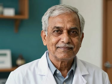 Close-up portrait of a senior male Indian homeopathic doctor, warm lighting, clinical office setting, professional.